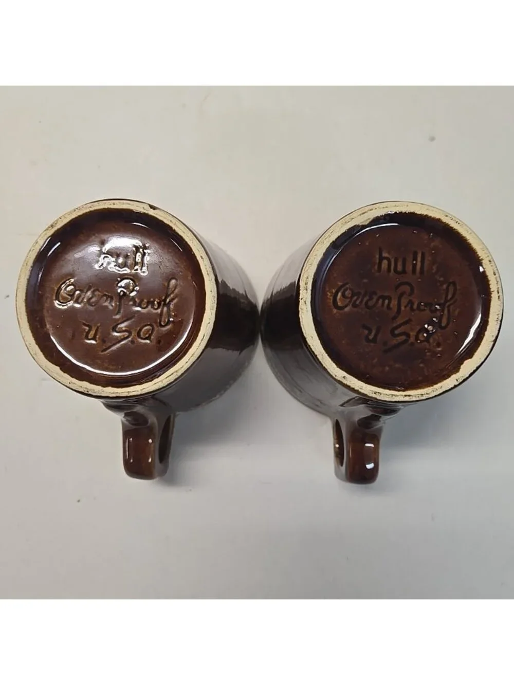 Set Of 2 Vintage Hull Pottery Brown Drip Glaze Coffee Mugs Oven Proof USA Cups